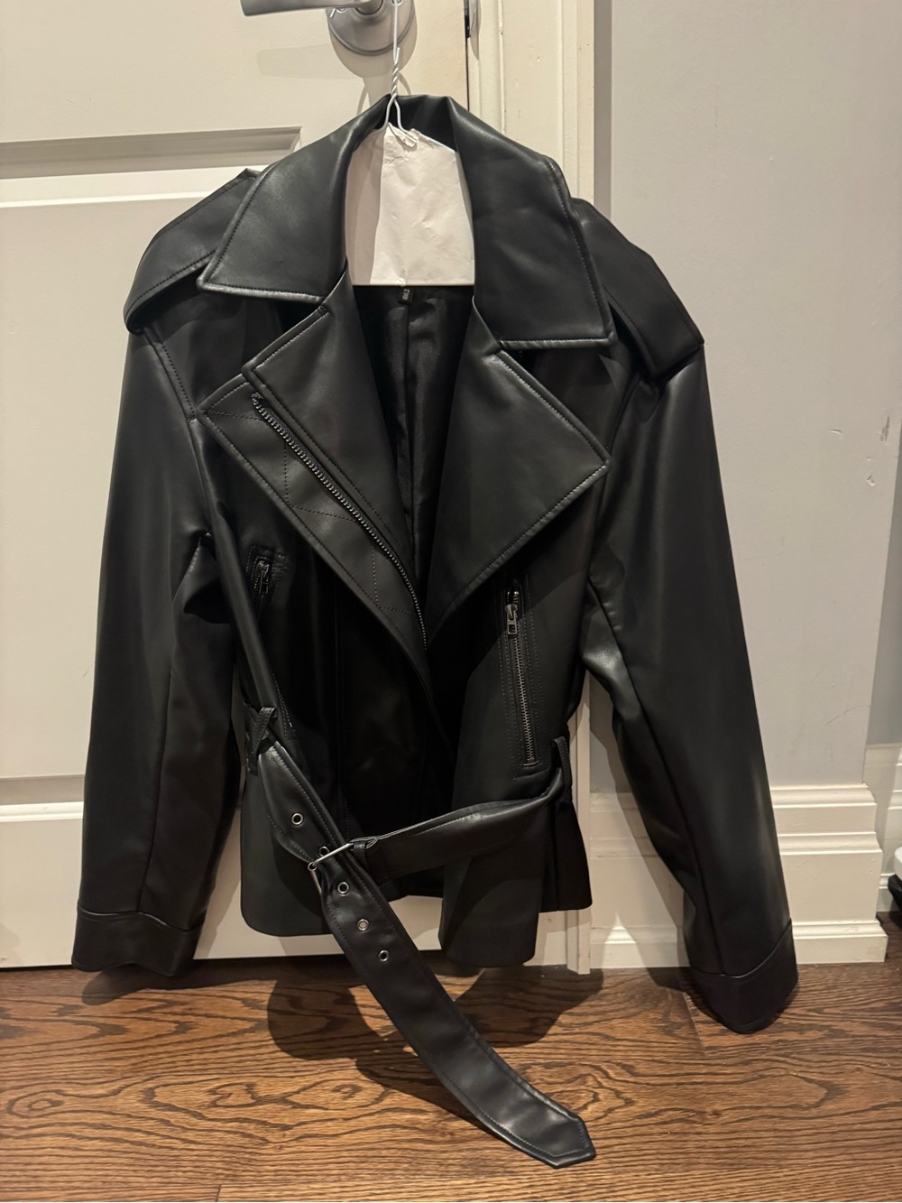 Dynamite Black Faux Leather Biker Jacket with Belt